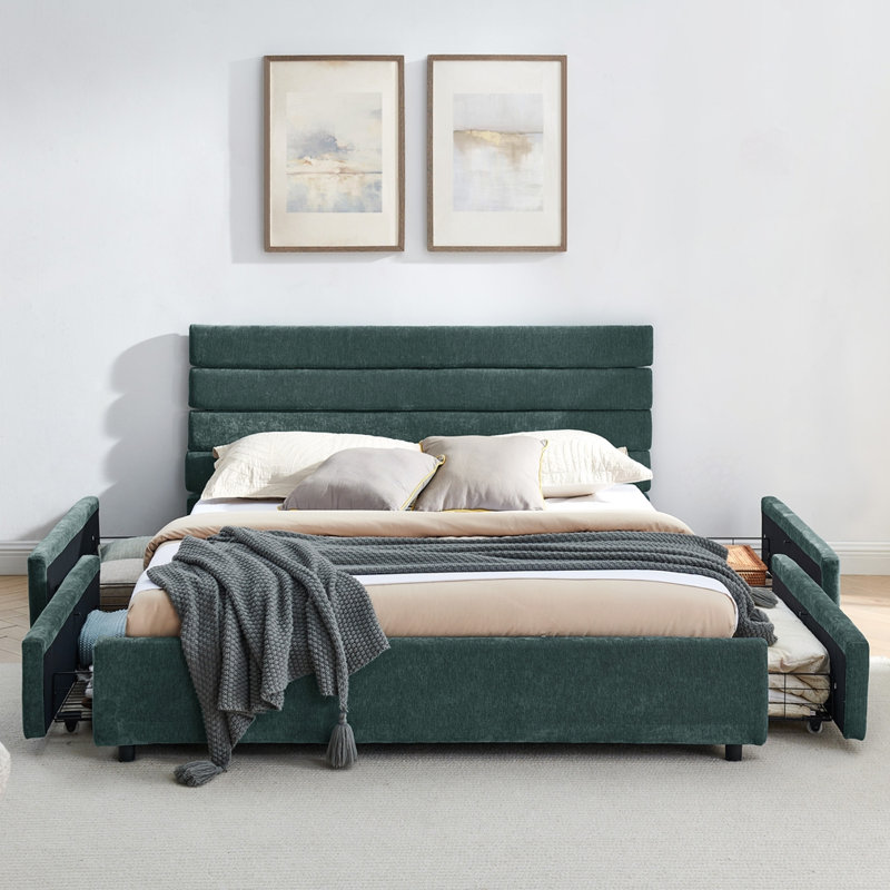 Queen Size Upholstered Bed Frame, Blue/Green