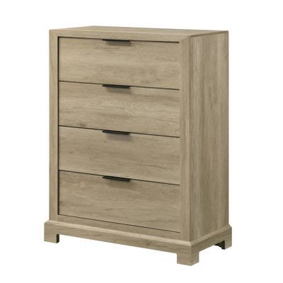 Linden 4 Chest with Sleek Bar Handles, Modern Storage Organizer for Bedroom with Clean Lines and Warm Wood Grain Finish