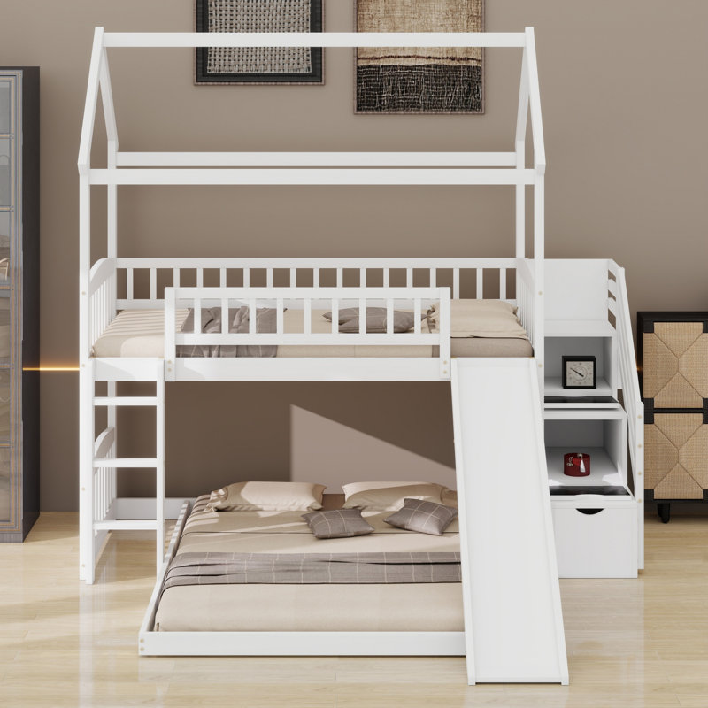 Lit superposé avec glissade, lit maison avec glissade amusante, Blanc