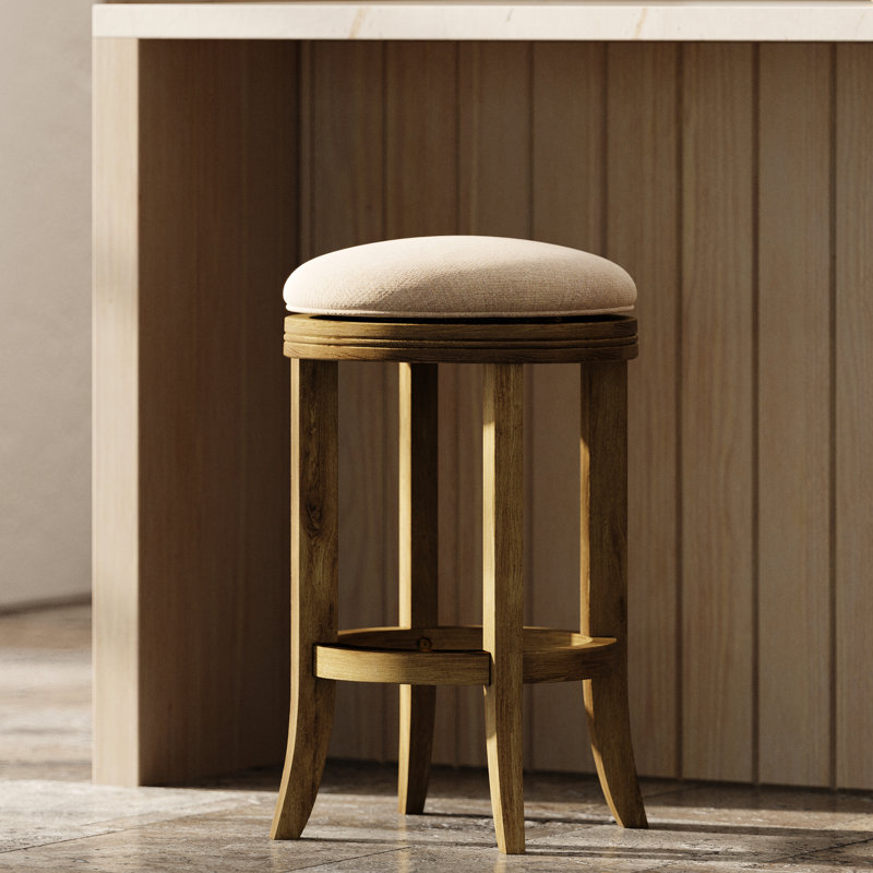 Pivot en bois 26 po sans dossier avec rotation à 360 degrés, siège rembourré crème, finition noyer doré, étapes d'assemblage faciles, assemblage