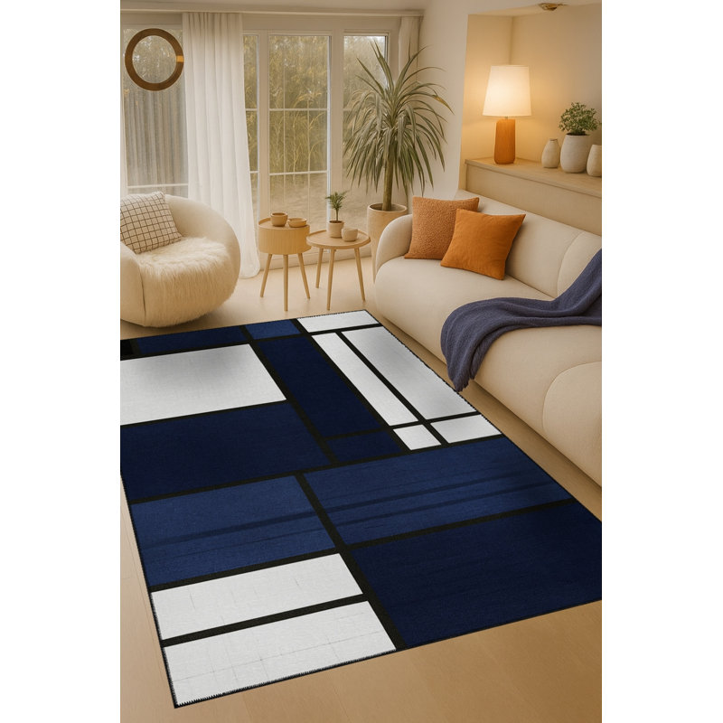 Tapis bleu tissé lavable rétro Mosso, 3'11" x 5'11"