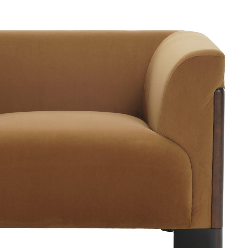 Fauteuil rembourré moderne en velours orange avec accoudoirs courbés et pieds en bois massif, Orange