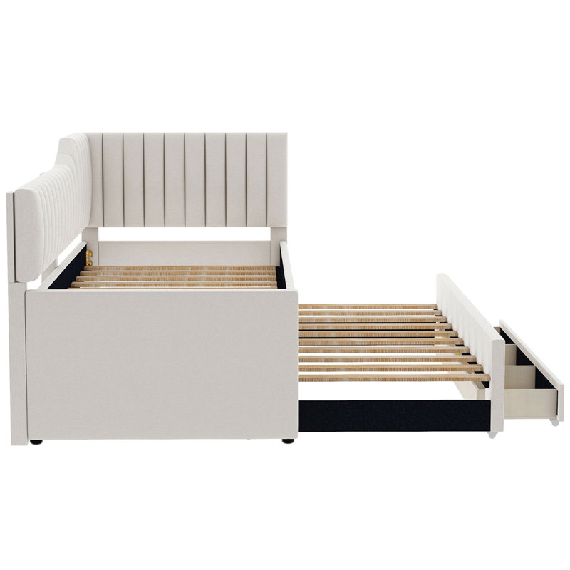 Lit de jour simple tapissier avec couchette et trois tiroirs, Beige, Simple