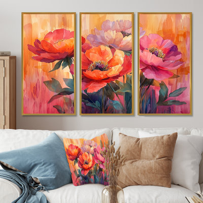 Radiance au coucher du soleil, pivoines, fleurs I - ensemble de 3 pivoines