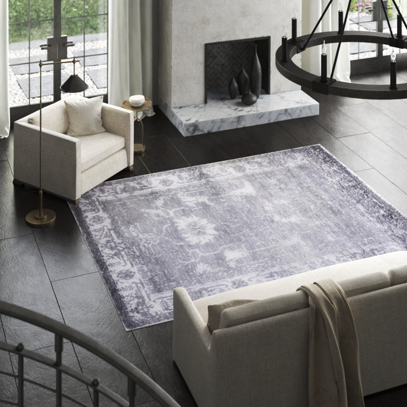 Oriental Hand-Knotted Wool/Silk Gray/White Area Rug, Rectangle 5' x 8'