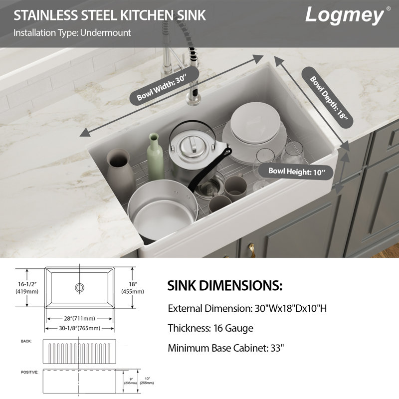 Évier de cuisine à simple cuve en céramique avec grille inférieure L 30 po x l 18 po Farmhouse