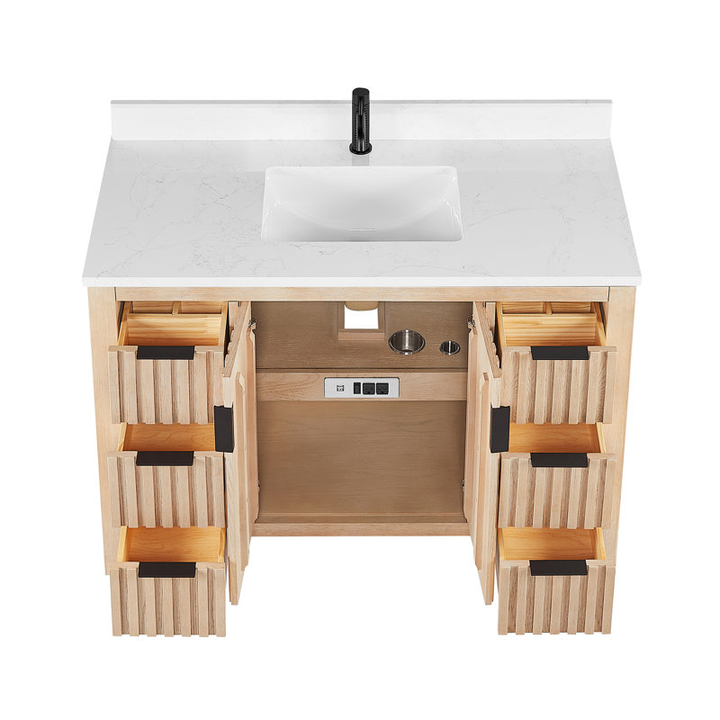 Shenzhen 48" Single Bath Vanity with White Grain Composite Stone Top, Aged Natural Oak/ Matte Black