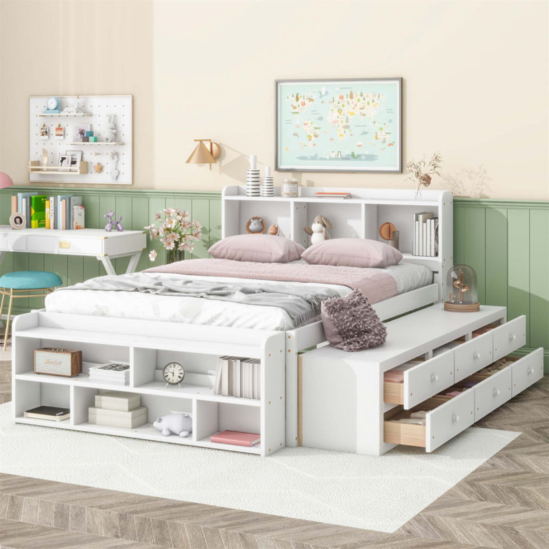 Lit double en bois de pin massif avec tête de lit bibliothèque, 6 tiroirs et caisson de rangement Lit plateforme peu encombrant pour les petites chambres