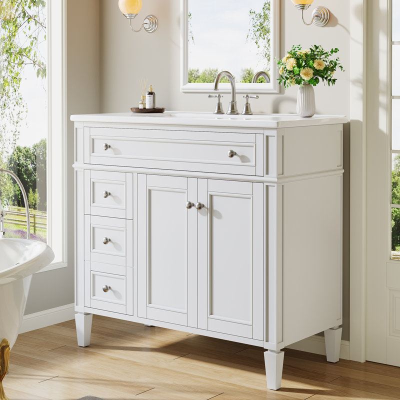 Meuble-lavabo simple 36 po avec plateau en céramique, tiroirs et armoire, Blanc, 36"