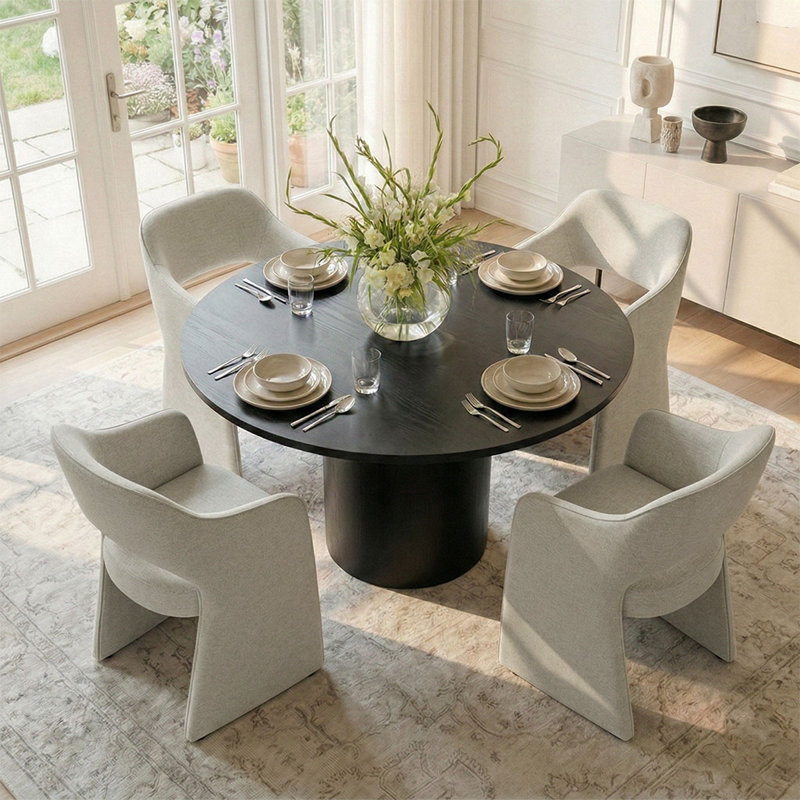 Ensemble de table de salle à manger pour 4 personnes avec table ronde et 4 chaises rembourrées imperméables, Noir, Beige