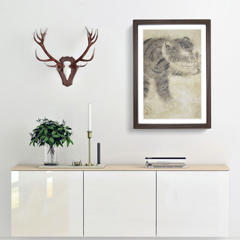 Tiger Licking its Paw by Tawaraya Sotatsu - Picture Frame Painting Print, Walnut Framed, 36cm H x 27cm W x 2cm D