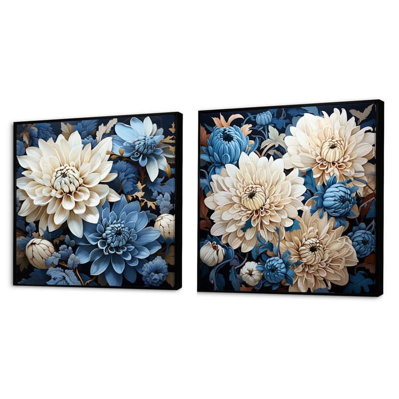 Ensemble de 2 mosaïques de chrysanthèmes blancs et bleus, Cadre flottant noir, H 16 po x l 33 po