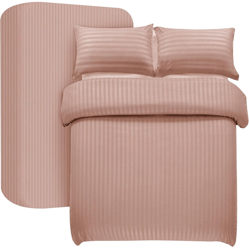 Microfiber Striped Duvet Cover Set with Pillowcases, Blush, Double Duvet Cover 2 Pillowcases