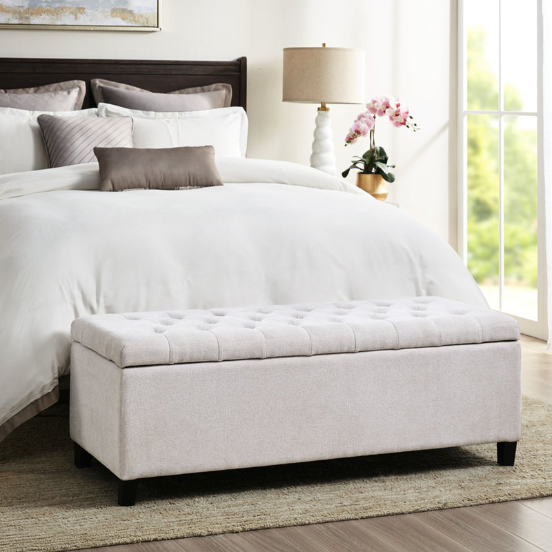 Banc de rangement avec dessus à fermeture en douceur - pieds en bois massif, 47,85 po de largeur, bouton de revêtement naturel, capacité de 400 lb, tissu