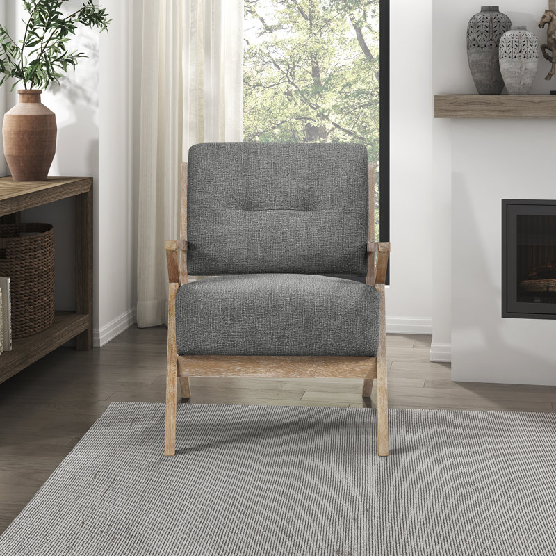 Edengrace 27.5" Mid-Century Modern Accent Chair with Textured Fabric Upholstery, Wire Brushed Antique Natural Finish, Foam over Pocket Coils