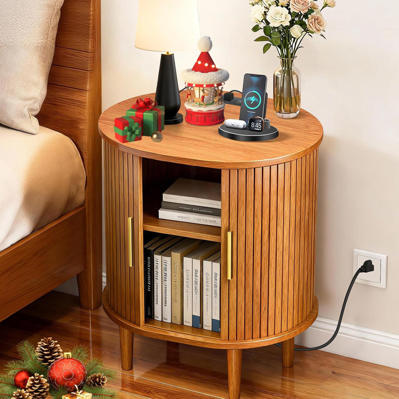 19.69'' W Wooden Nightstand With Storage Cabinet, Oval End Table With Adjustable Shelf And Charging Station(Yellow Walnut)