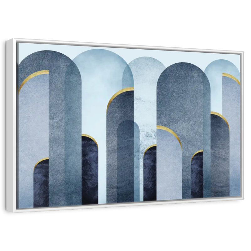 Arches bleu Mid-Century, Cadre flottant blanc, 31 po x 21 po