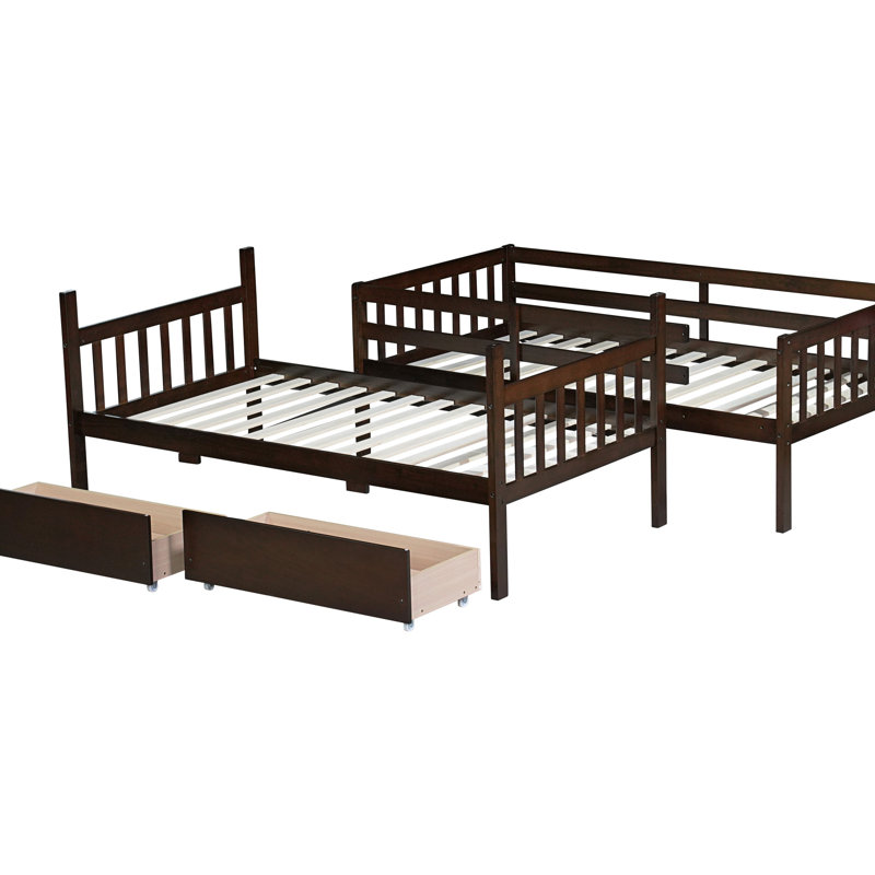 Twin Over Twin Rubber Wood Bunk Bed with Drawers, Convertible into 2 Twin Beds, Ladder & Safety Guardrails,Espresso, Espresso