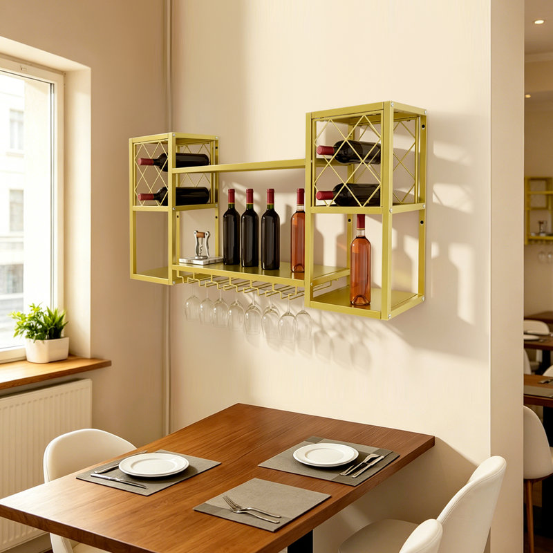 Étagère murale à vin à 2 niveaux en métal pour bouteilles et verres à vin, idéale pour la cuisine et la salle à manger.