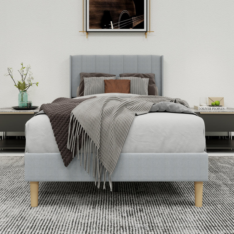 Lit plateforme tapissier avec tête de lit, Gris pâle, Simple