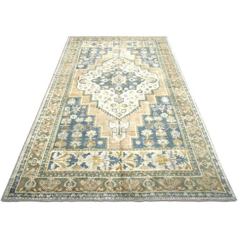 One-of-a-Kind Hand-Knotted 1960s 7'1" x 12'5" Wool Area Rug in Beige/Blue/Ivory