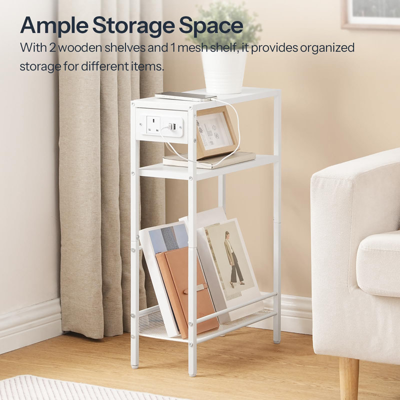 Slim Side Table with Storage, White, White