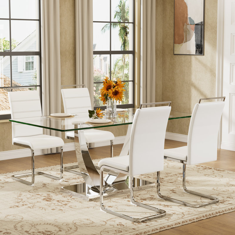 63in Rectangular Glass Dining Table Set with 4/6 PU Chairs, Metal Legs for Dining, Kitchen, Une table et quatre chaises