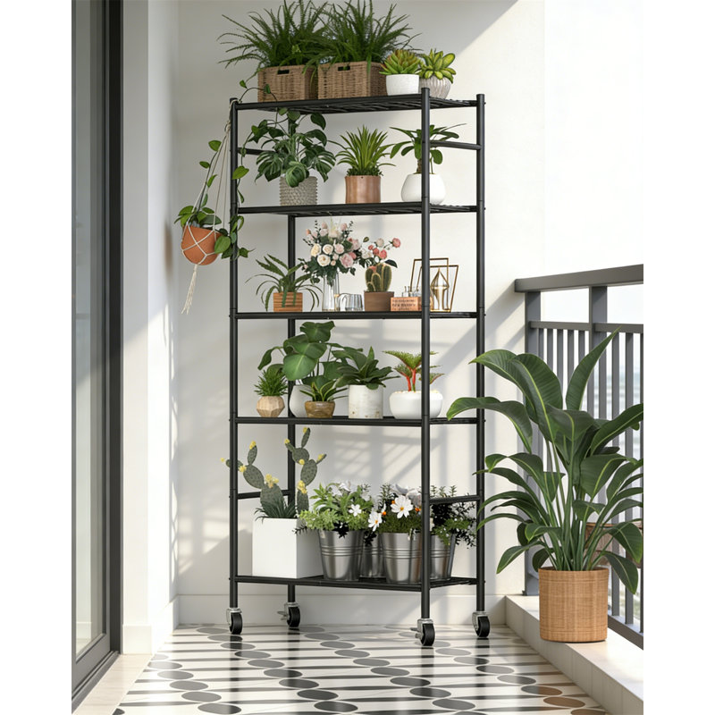 5 Tier Storage Shelves Organizer, Metal Shelf With Wheels And Leveling Feet, Heavy Duty Garage Shelving For Kitchen Pantry, Black, 33.1X12.6X73.5 Inch