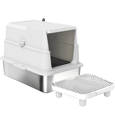 Cat Litter Box Of Stainless Steel, Flip Cover, Xl Space For Big Cats, Keeps Air Fresh, Trouble - Cleaning Steel Box, Cover Design, Roomy Large Odor , Simple Assembly