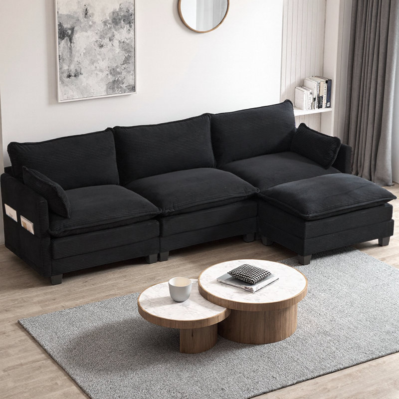 Canapé modulaire surdimensionné de 102 po avec repose-pieds mobile, canapé en velours côtelé à 4 places en L, canapé convertible en nuage avec deux poches latérales, canapé moderne pour le salon