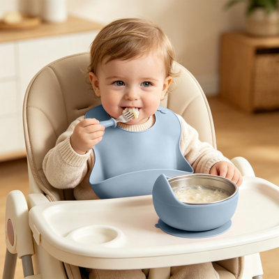 Stainless Steel Tableware Set Stainless Steel  With Suction Cup Set Non Silicone Suction Bowl Bib Fork And Spoon Combo For Kids Feeding