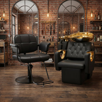 Évier de shampooing noir et doré avec cuve de lavage en céramique et fauteuil de barbier pivotant à 360 °