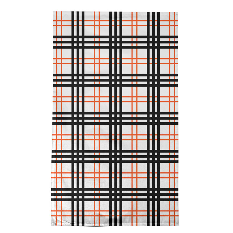 Plaid Tea Towel Kitchen Towel, Polyester, White/Orange/Black