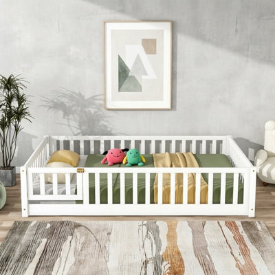 Wood Floor Bed With Safety Guardrails And Door