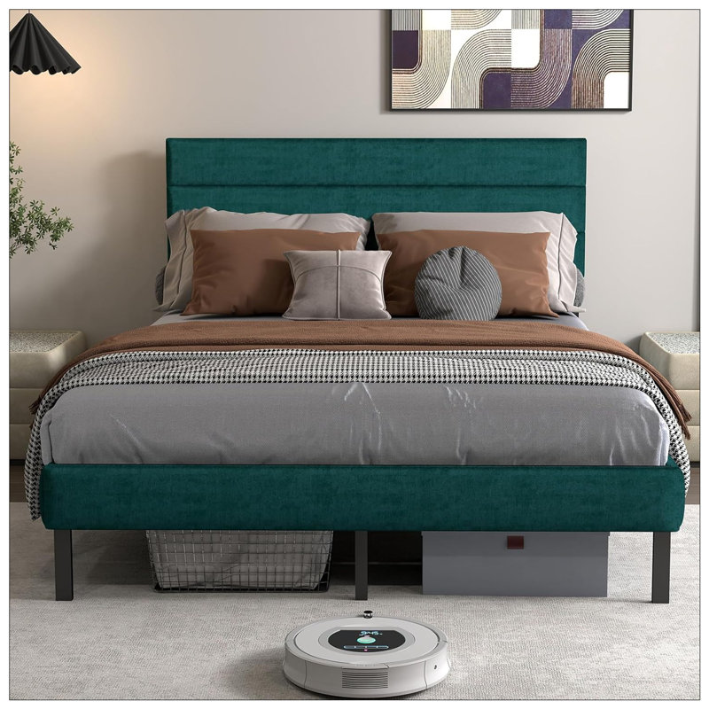 Grand lit plateforme tapissier avec rangement, Grand, Noir/vert