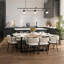 Ensemble repas pour 8 personnes avec table en grain de bois imitation marbre blanc et 8 chaises en velours beige, moderne