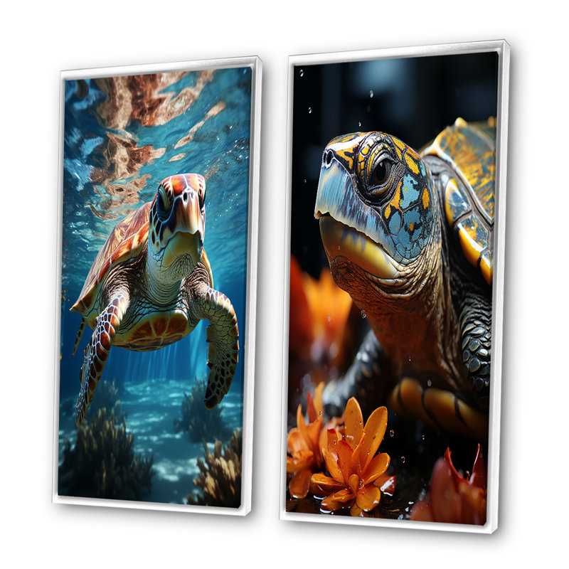 «Turtle Aquatic Wandererin Ocean», 2 pièces, Cadre blanc, H 40 po x l 40 po
