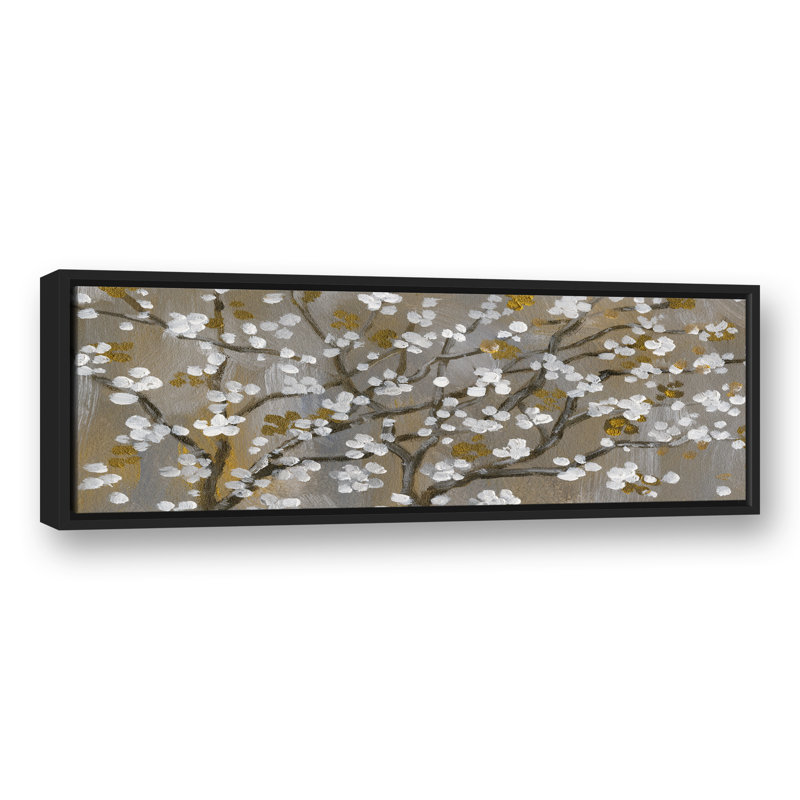 Fleurs de cerisier blanches sur toile, H 13,75 po x l 37,75 po x P 1,75 po, Cadre flottant noir