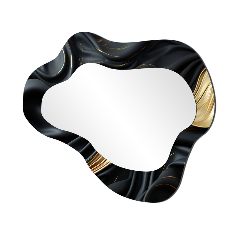 Gold And Black Soft Wave Fusion - Abstract Shapes Asymmetrical Mirror, Black Cloud Decorative Wall Mirror, Printed Metal Art