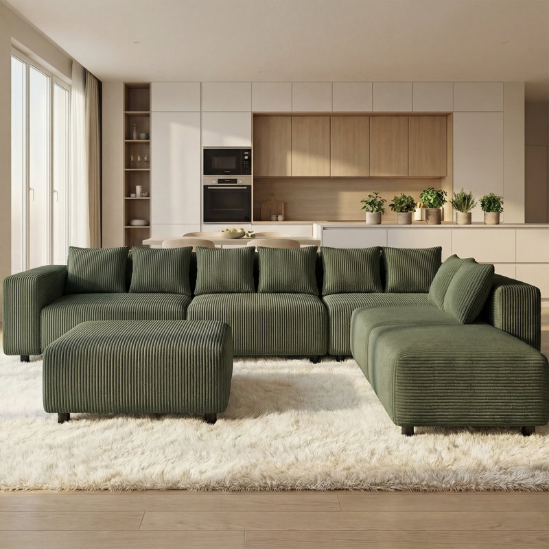 Boneless Modular Sectional Sofa with Chaise, Oversized Minimalist Cloud Couch with Deep Seats, Green