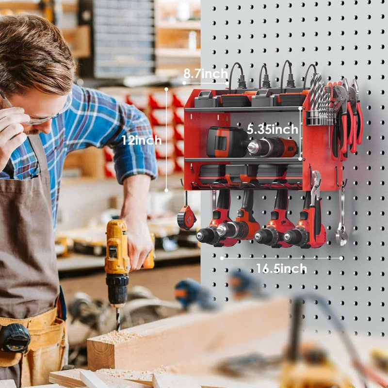 Support mural modulaire pour outils électriques avec station de charge et rangement pour perceuse, Rouge