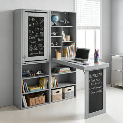 Bureau pliant avec rangement, table d'écriture convertible pliable avec tableau noir et tablettes, armoire pliante pour petits espaces / bureau personnel / salle d'artisanat
