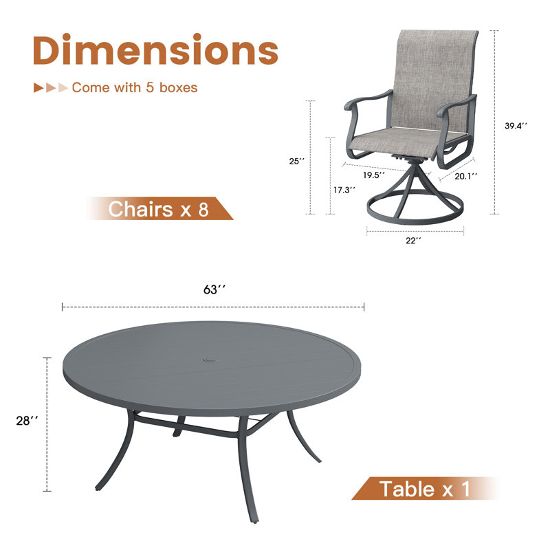 Orlando 8-Person Patio Dining Set with 63" Round Dining Table and 8 Swivel PVC-coated polyester Chairs, Gray/Gray