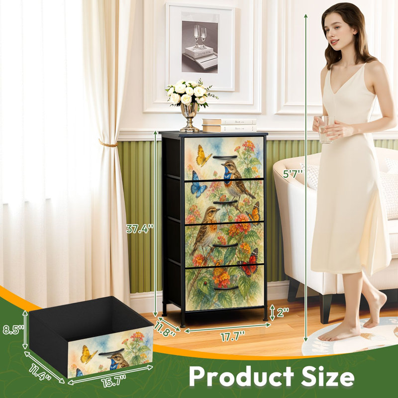 Commode de rangement verticale à 4 tiroirs avec oiseaux et papillons