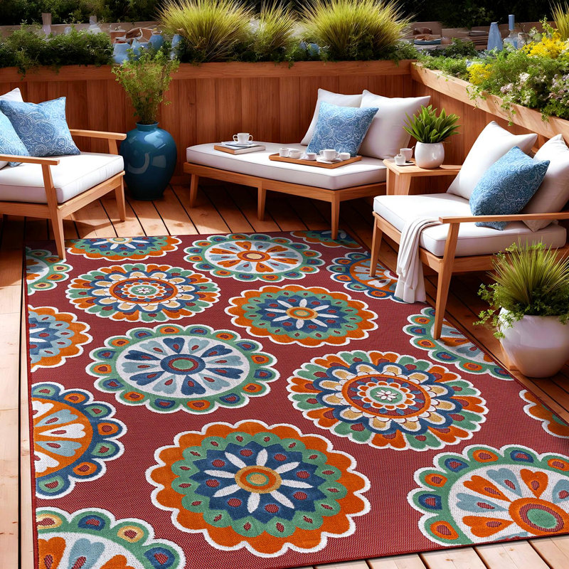 Tapis floral d'intérieur pour l'extérieur, Red, Rectangle 9' x 12'