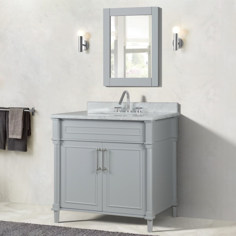 36” Single Vanity With White Carrara Marble Top, Light Gray