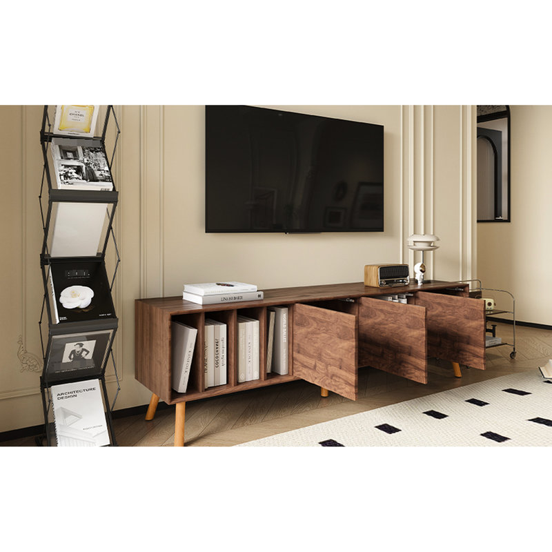 Meuble télé 70 po, conception moderne de style Mid-Century, pieds en bois massif, noyer, vaste espace de rangement pour meuble multimédia de 70 po, accessoires de rangement abondants