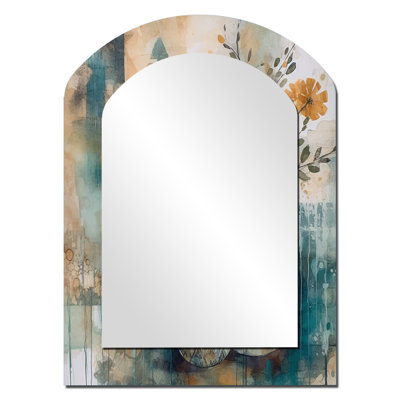 Orange And Green Abstract Bohemia IV - Boho Feather Asymmetrical Decorative Mirror, Traditional Arch Wall Mirror, Printed Metal Art