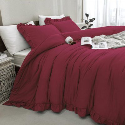 Ensemble d'édredon pour grand lit bourgogne, ensembles d'édredon à volants chic et décontracté pour grand lit, 3 pièces, ensemble d'édredon en microfibre douce et moelleuse