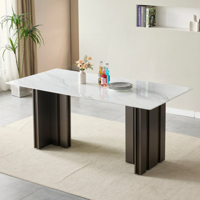 Rectangular Dining Table, Modern Style, Tempered Glass With Marble Texture Tabletop, Matte Brushed Table Legs, Suitable For 4-6 People